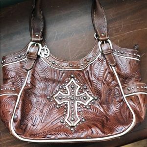 American West tooled leather stud embossed handbag
